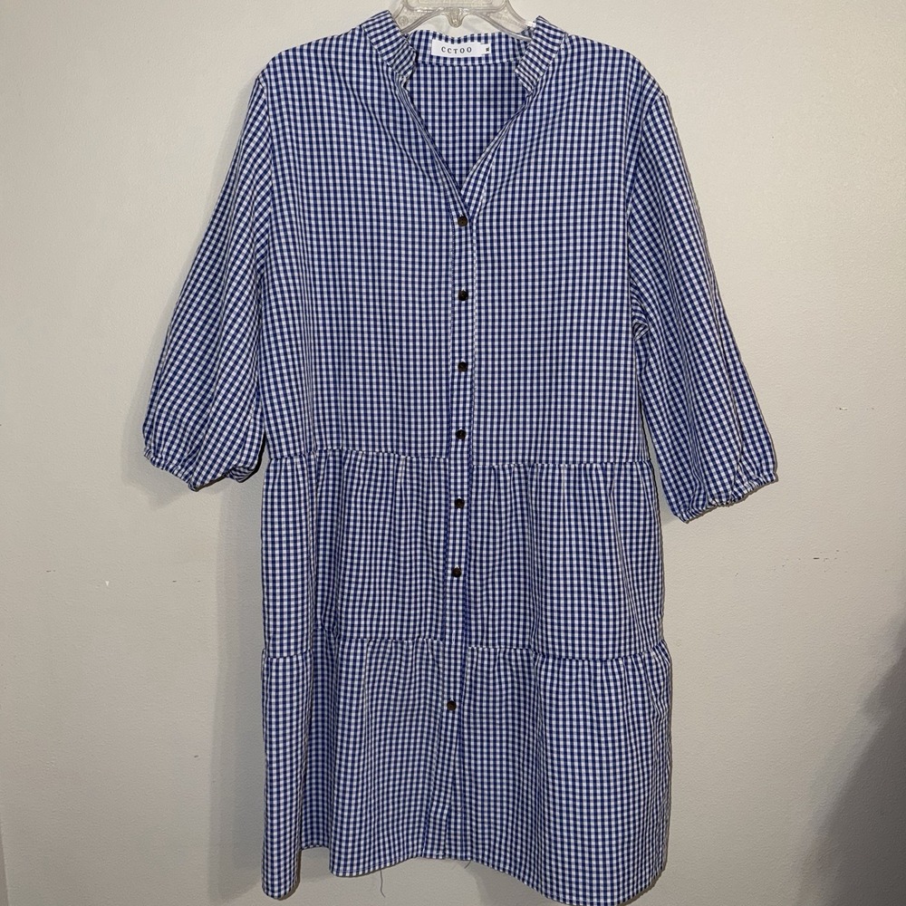 Women's CCTOO Button Front Tiered Blue Gingham Mini Dress Cuff Sleeves Size‎ L